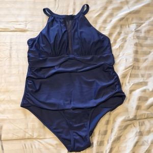 Tempt Me high neck plunge mesh ruched one piece swimsuit, size XL, navy …